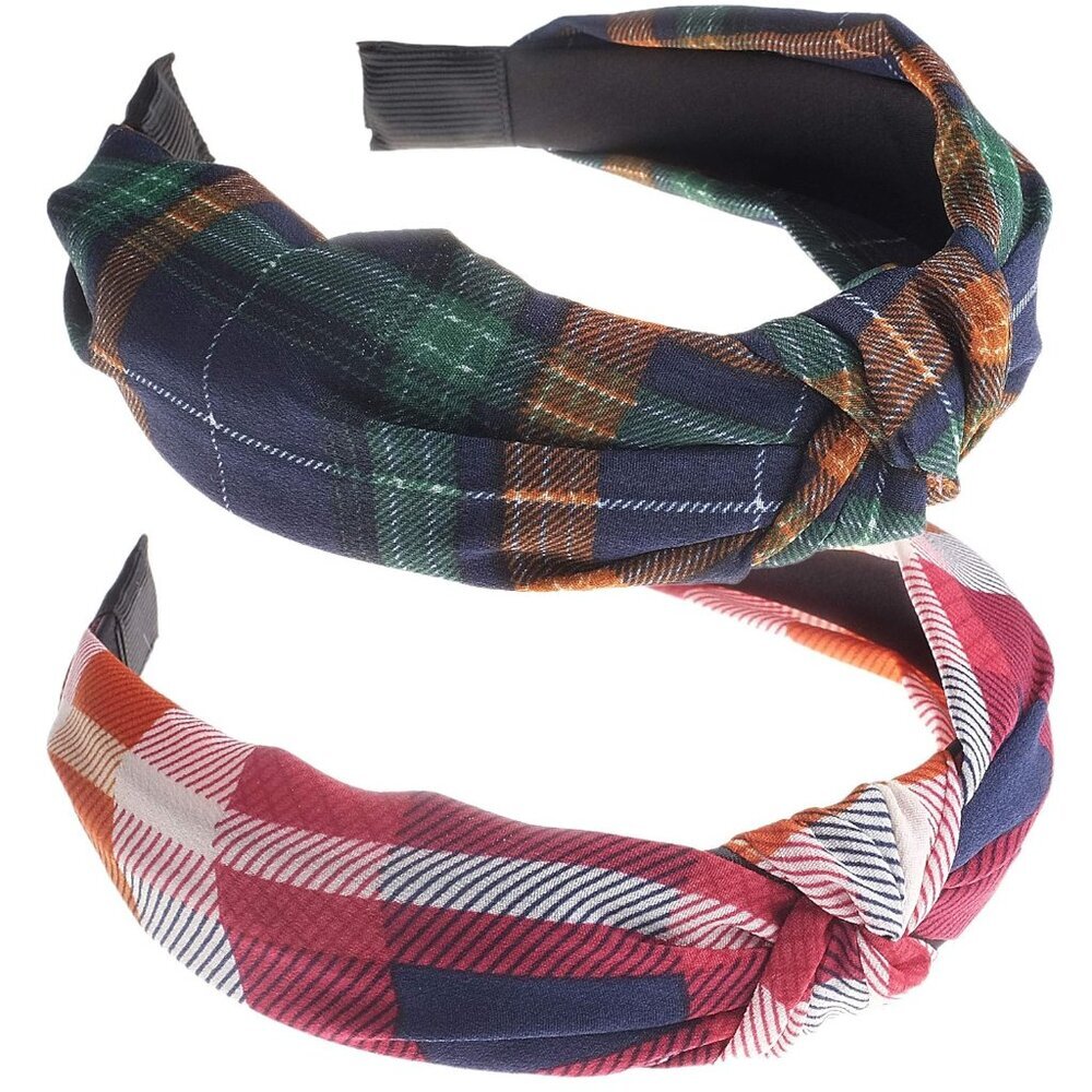 2 Pack of Womens Vintage Plaid Headbands Headwraps Hair Band Tartan Red and Gree